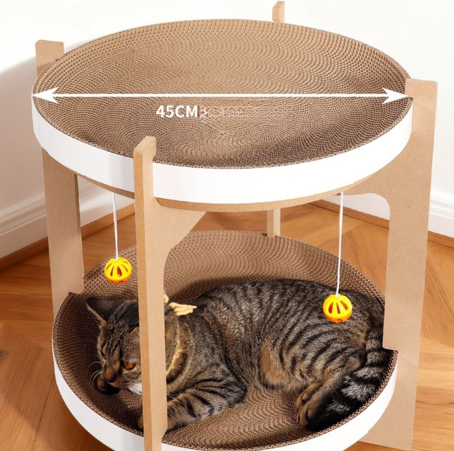 Double-Layer Cat Scratcher Lounge Tower with Hanging Toys