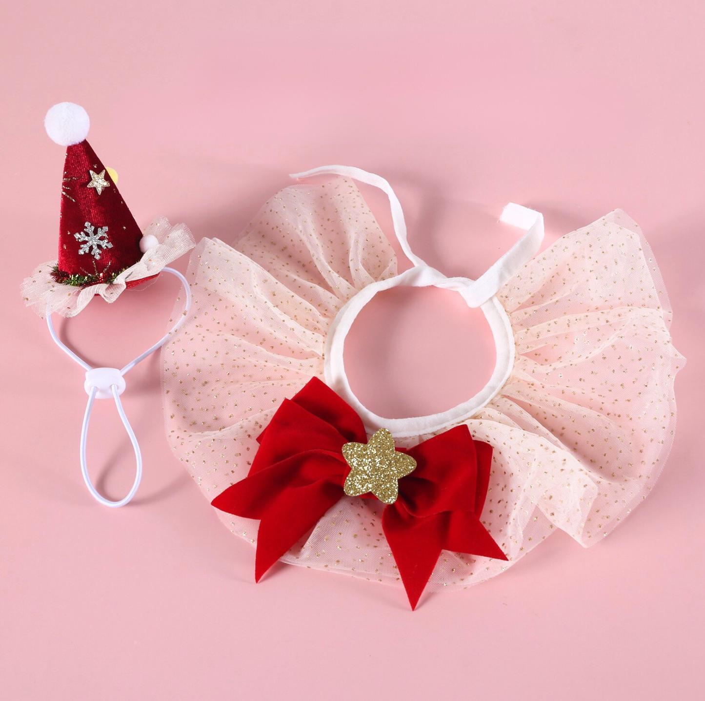 Christmas Velvet Princess Hat & Gold-Rimmed Organza Collar Set