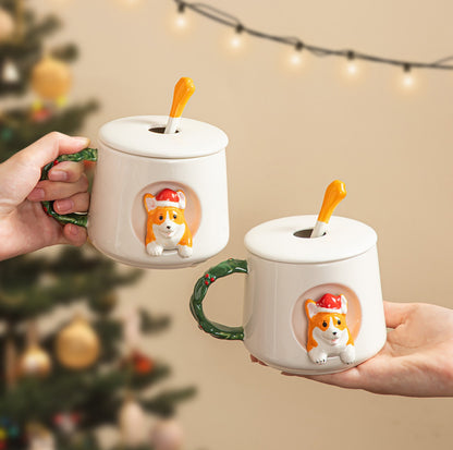 Christmas Corgi Styled Ceramic Mug with Lid and Spoon