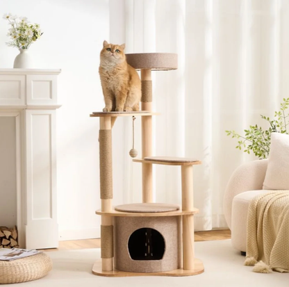 Four-Level Solid Wood Cat Tree with Fabric Cover and Sisal Posts