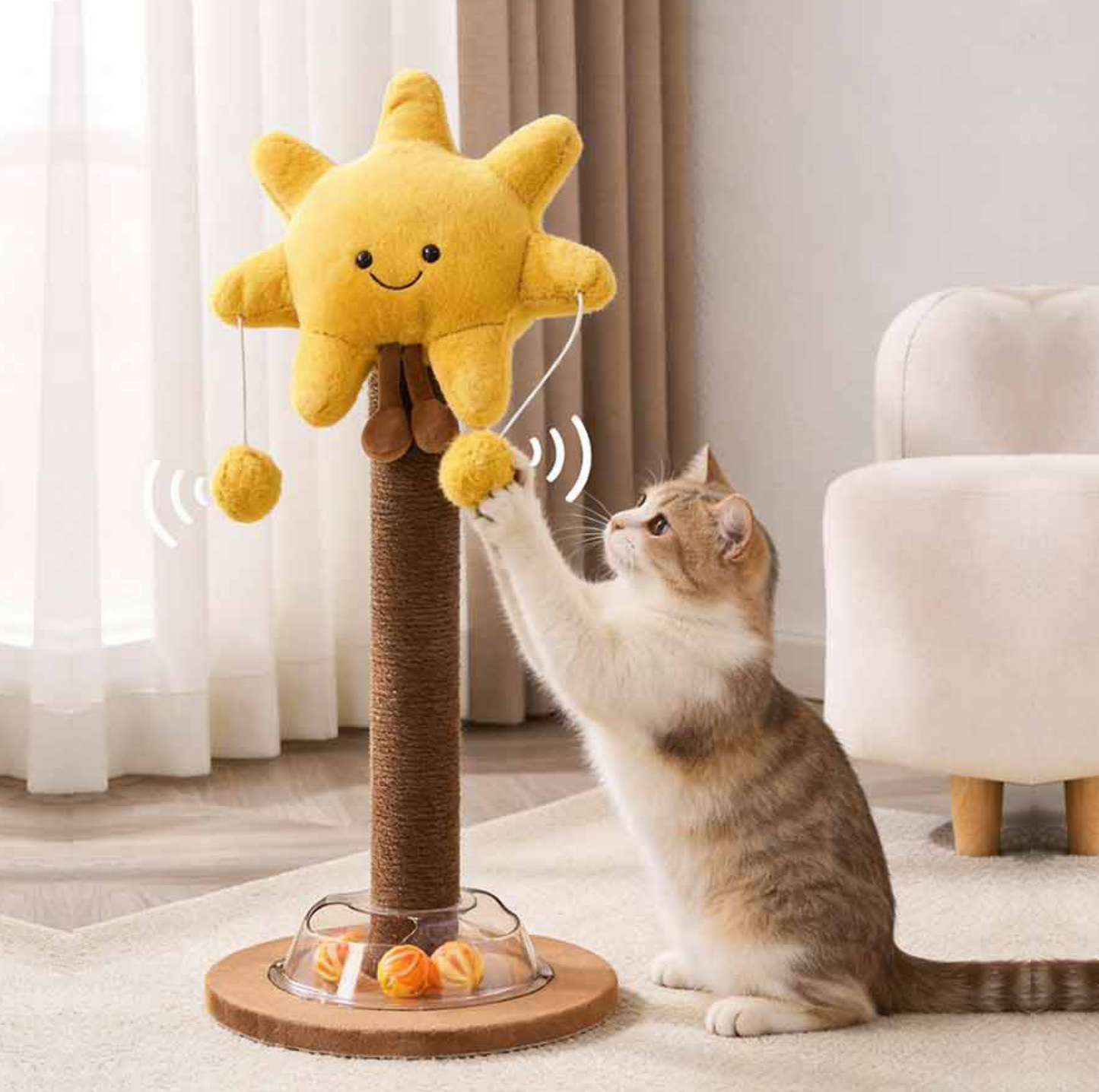 Plush Character Cat Scratching Post with Dangling Toys and Track Ball