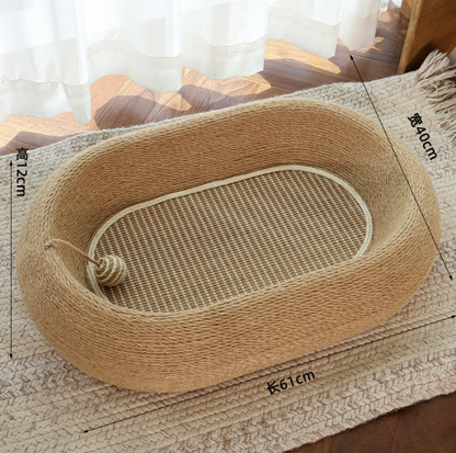 Deep Oval Sisal Cat Scratcher Bed with Hanging Ball