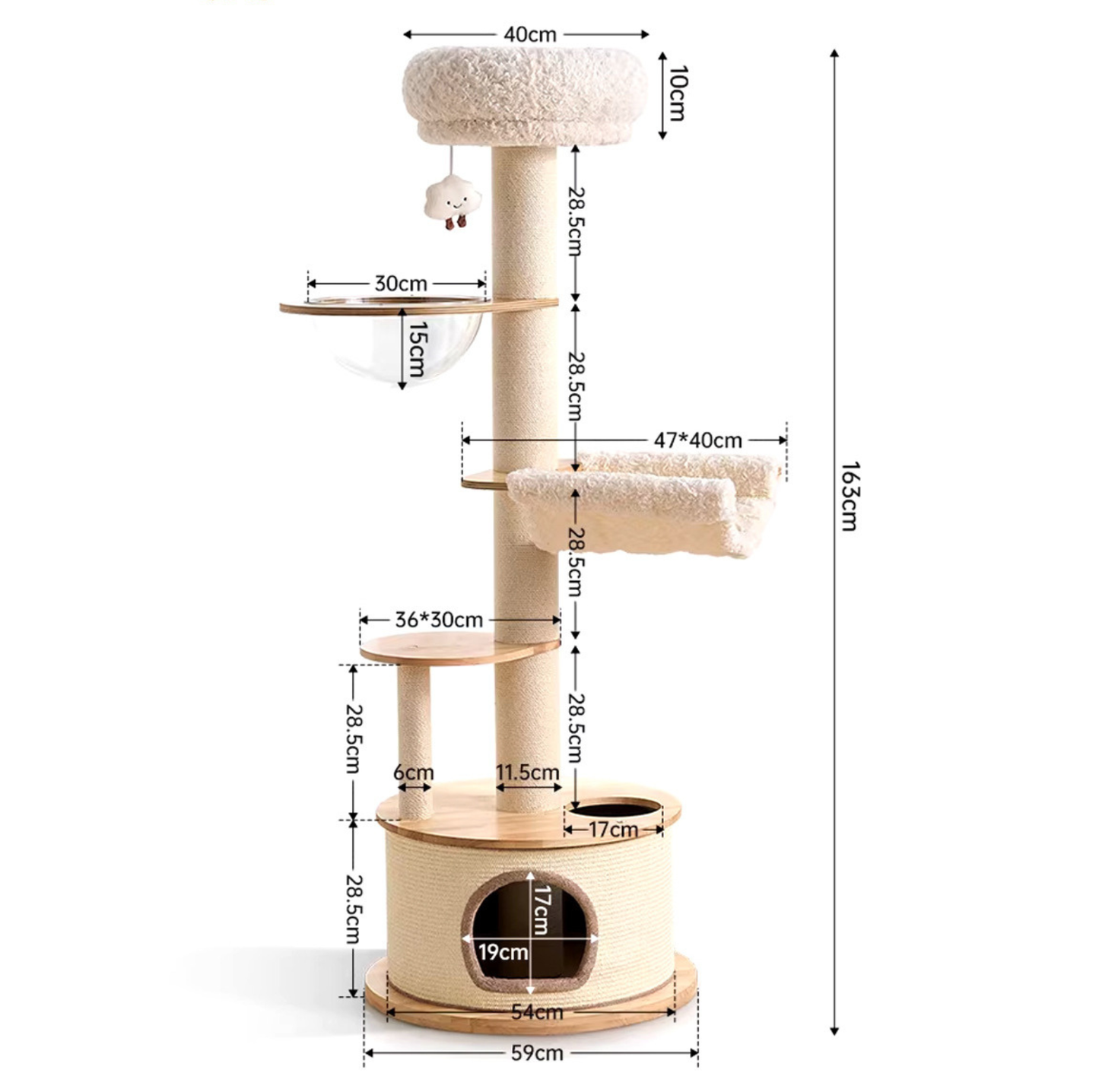 Solid Wood Capsule Multi-Level Cat Tree – 163cm
