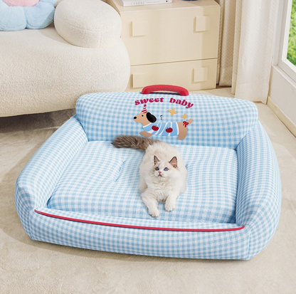 Gingham Sofa-Style Pet Bed – Soft, Supportive & All-Season Comfort