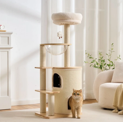 Natural wood Cat Tree with Acrylic Bowl and Double Condo – 134 cm