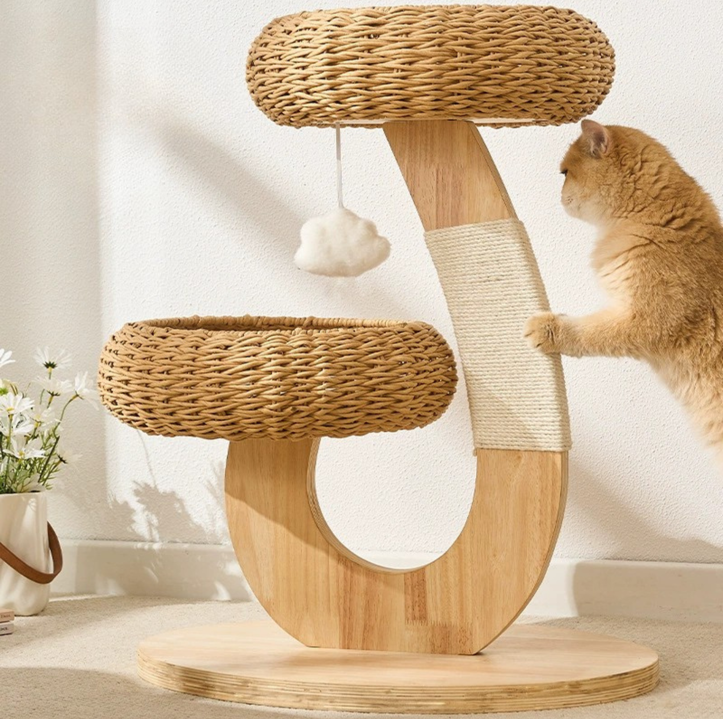 Rattan Nest Solid Wood Double-Level Cat Tree