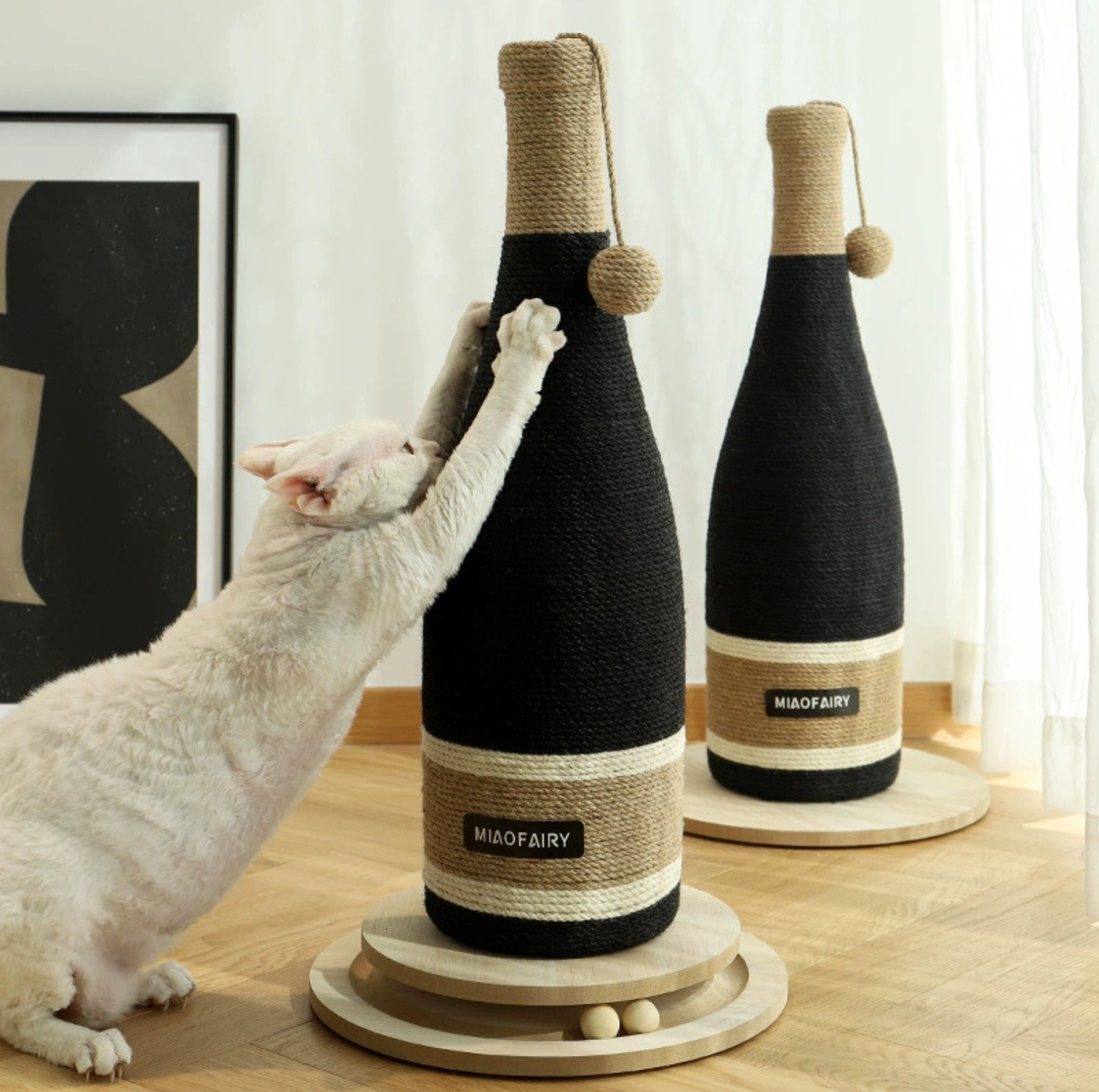Wine Bottle Cat Scratching Post with Rotating Ball-Track Base