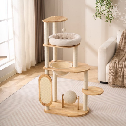 Wooden Cat Tree with Vertical Sisal Scratching Board & Play Features