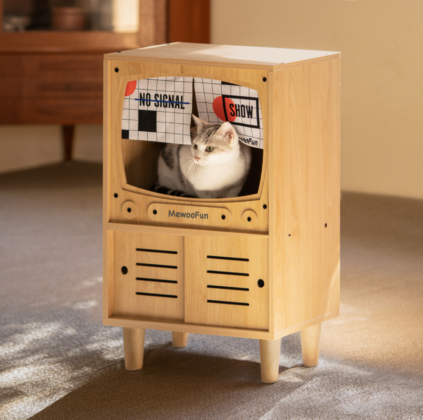 Wooden Retro TV Cat House & Storage Unit