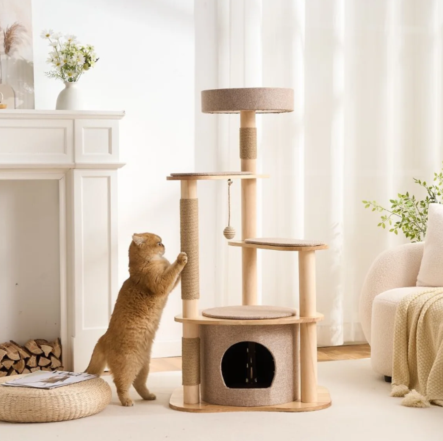 Four-Level Solid Wood Cat Tree with Fabric Cover and Sisal Posts