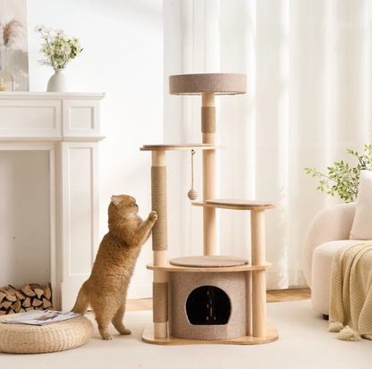 Four-Level Solid Wood Cat Tree with Fabric Cover and Sisal Posts