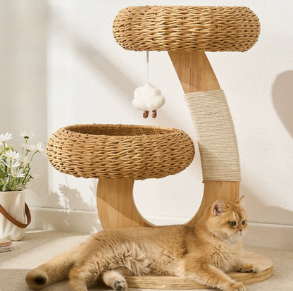 Rattan Nest Solid Wood Double-Level Cat Tree