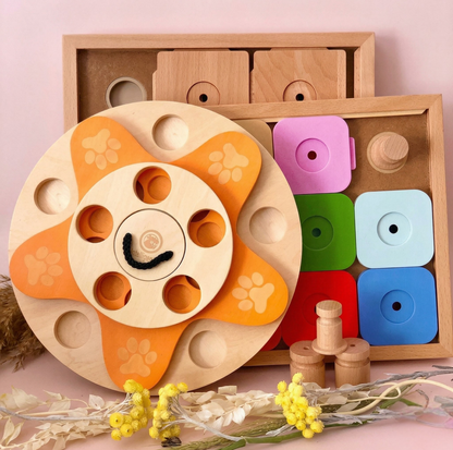 Interactive Wooden Dog Puzzle Toy – Flower Shape Slow Feeder & Treat Game