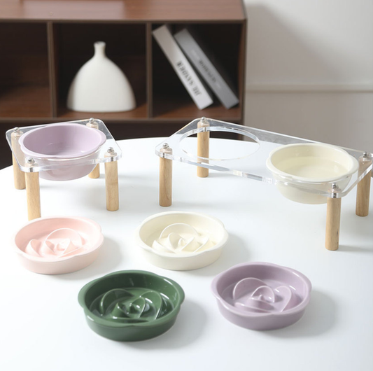 Ceramic Slow Feeder and Water Bowl Set with Elevated Acrylic Stand