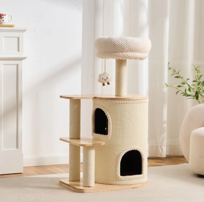 Natural Wood Cat Tree with Top Lookout and Double-Level Condo - 104cm