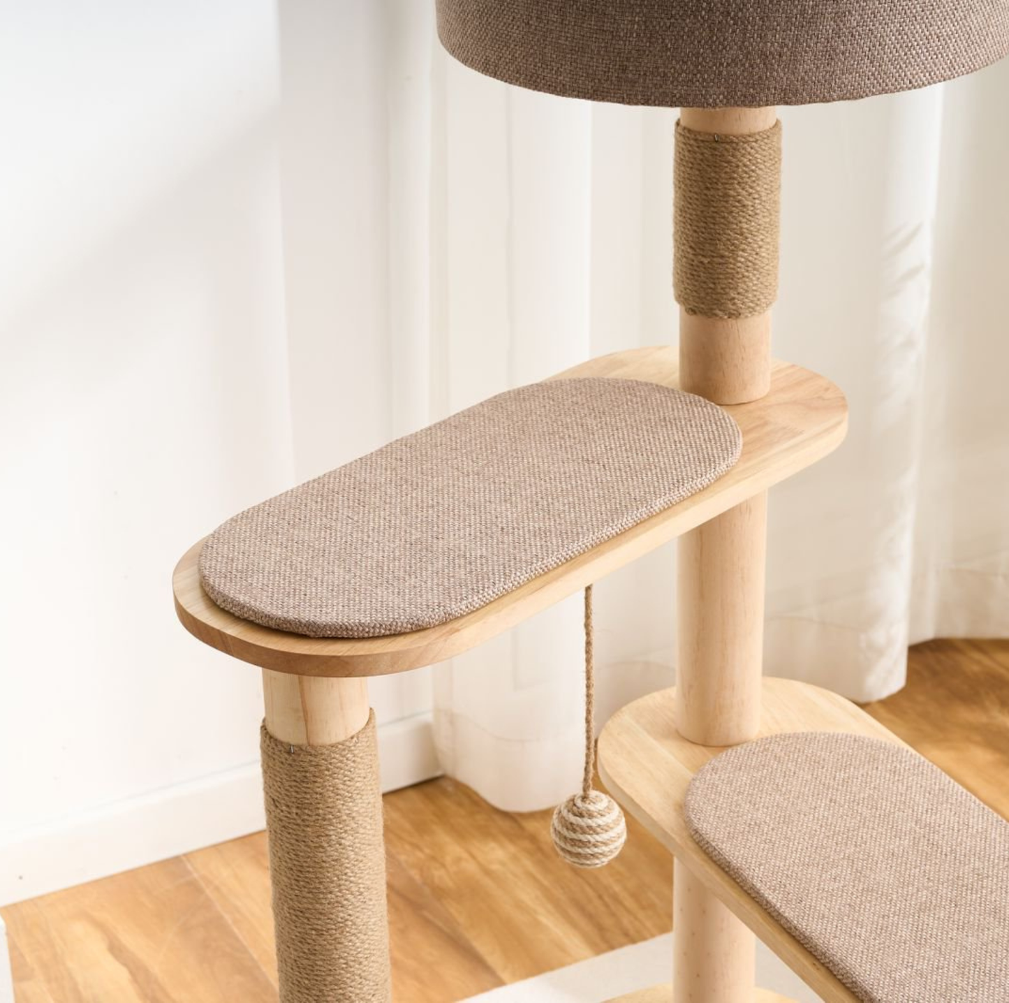 Four-Level Solid Wood Cat Tree with Fabric Cover and Sisal Posts