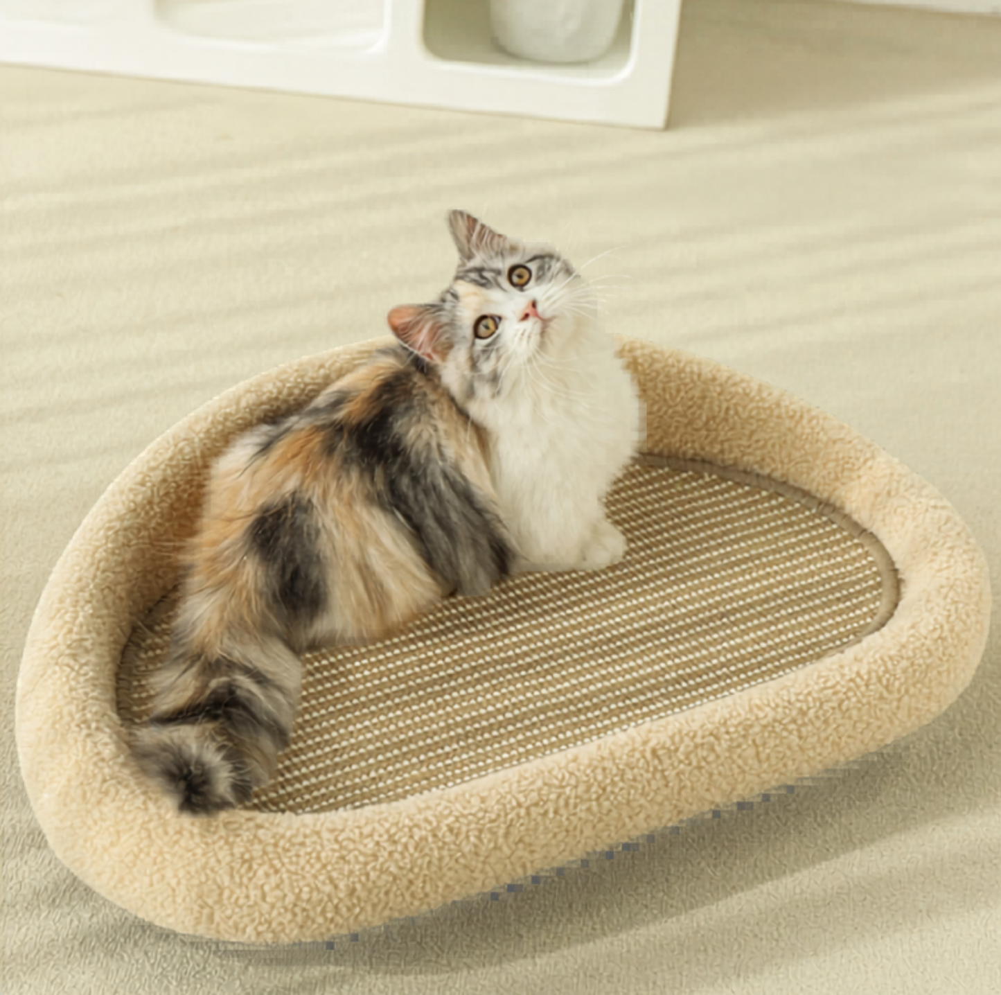 Cream Sofa Cat Bed with Sisal Scratcher Mat for Cats