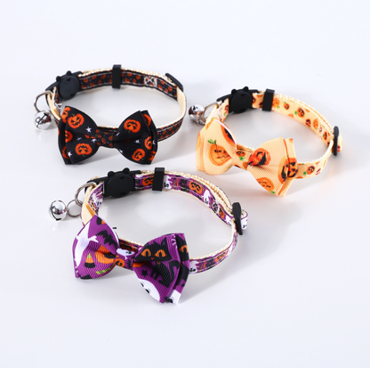 Halloween Bow Tie Cat & Dog Collar – Pumpkin Print with Bell (Adjustable Breakaway Design)