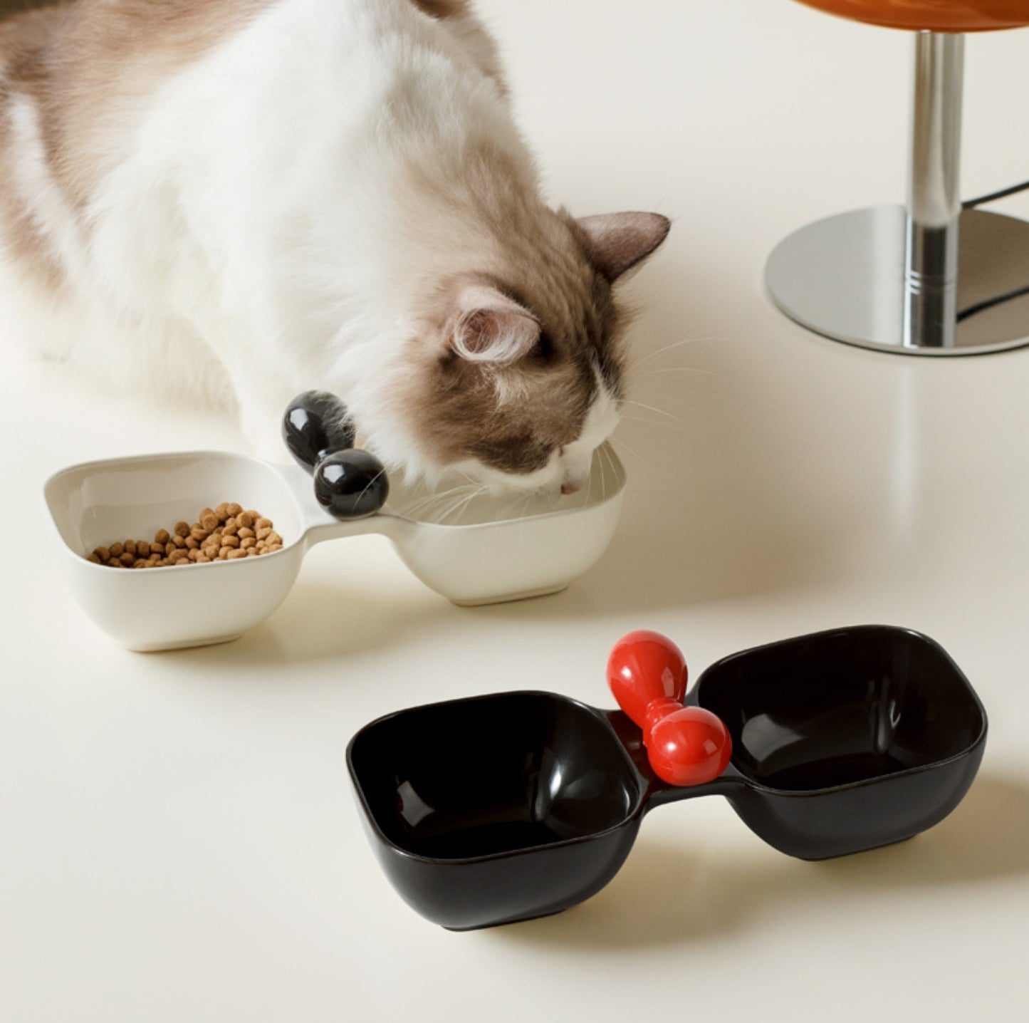 Ceramic Double Pet Bowl with Bow Design