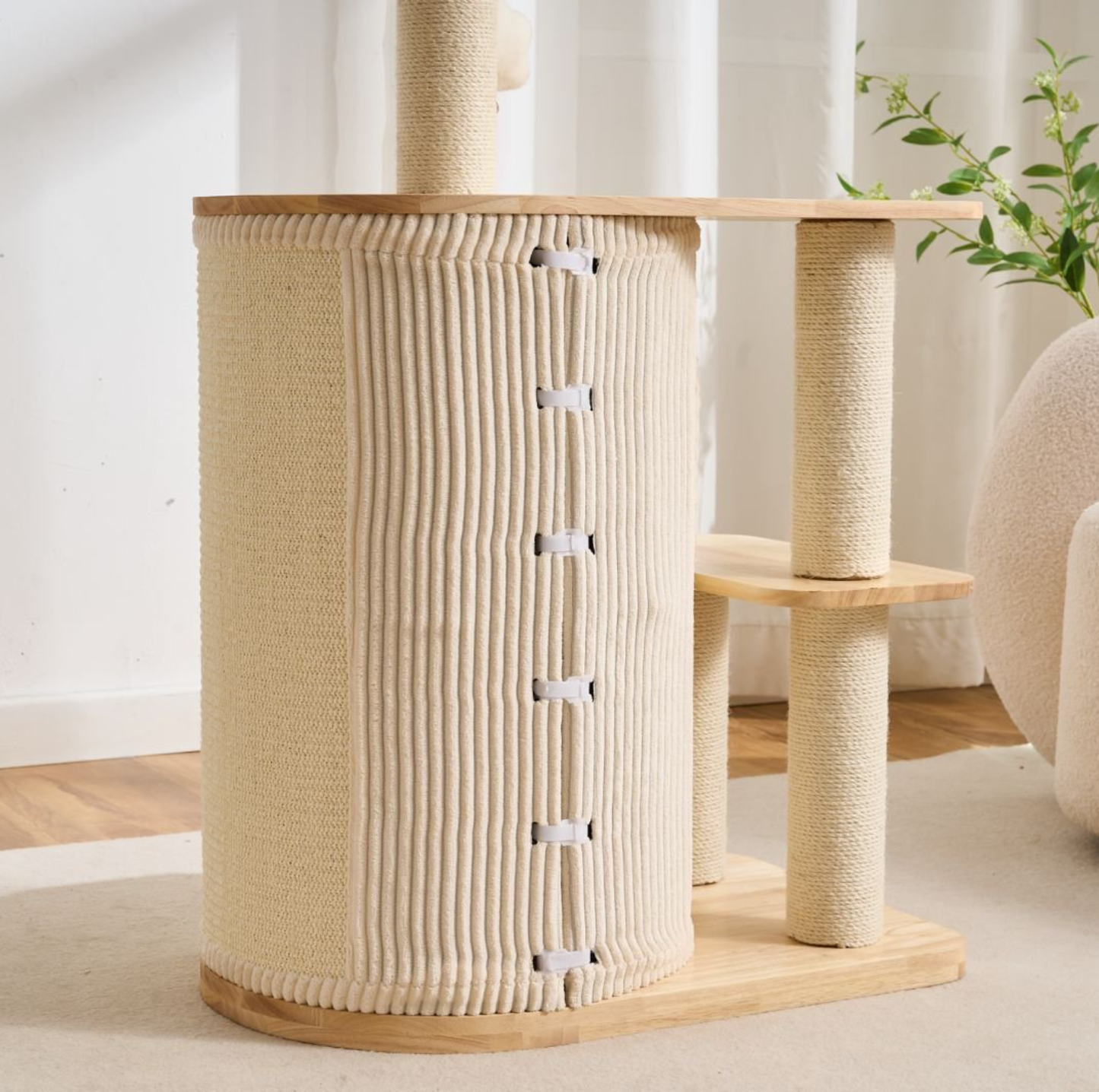 Natural Wood Cat Tree with Top Lookout and Double-Level Condo - 104cm