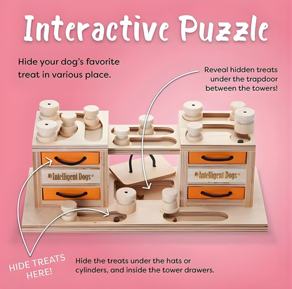 Interactive Wooden Dog Puzzle Toy – Two Towers Multi-Level Treat Game (Advanced Enrichment)