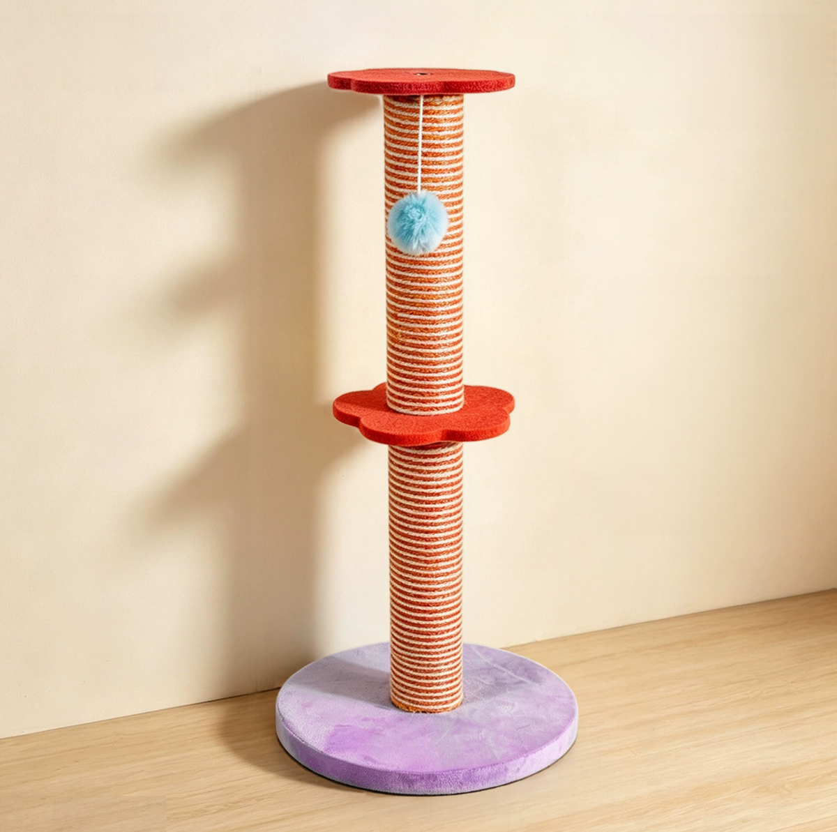 Colourful Sisal Cat Scratching Post with Hanging Pom-Pom