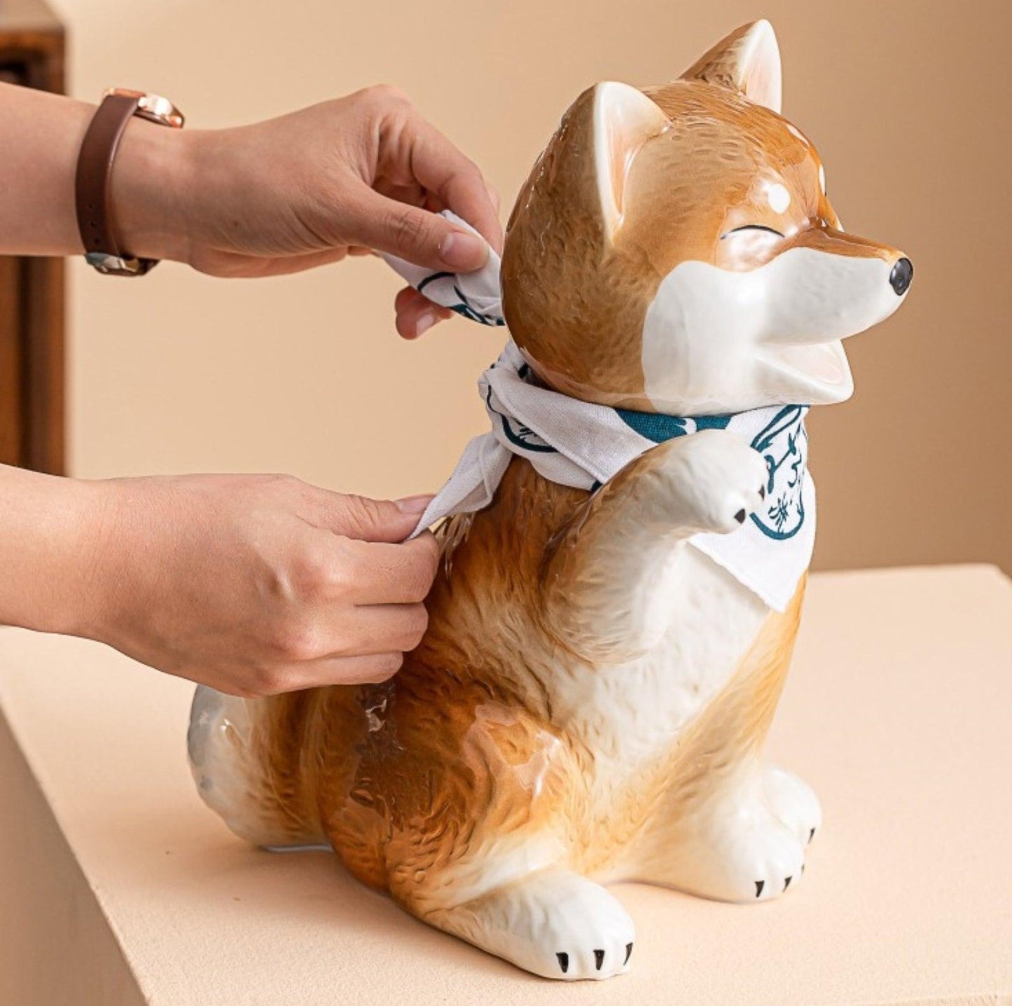 Shiba Dog-Inspired Ceramic Home Decor Ornament- With Randomly Selected Bib Accessory