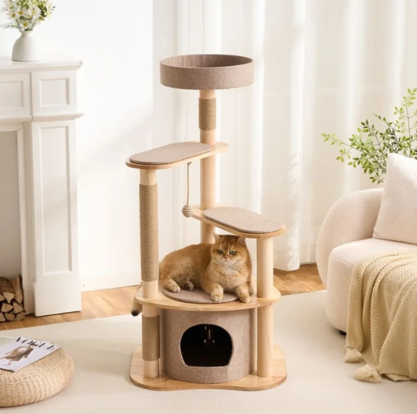 Four-Level Solid Wood Cat Tree with Fabric Cover and Sisal Posts