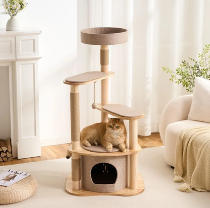 Four-Level Solid Wood Cat Tree with Fabric Cover and Sisal Posts