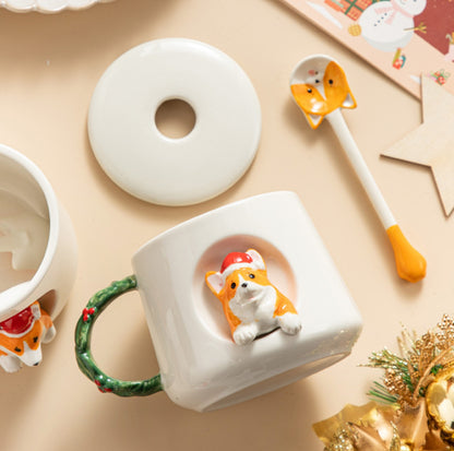 Christmas Corgi Styled Ceramic Mug with Lid and Spoon