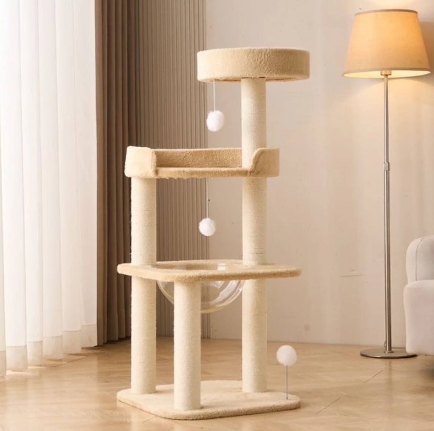 Khaki Plush Four-Level Cat Tree with Acrylic Bowl