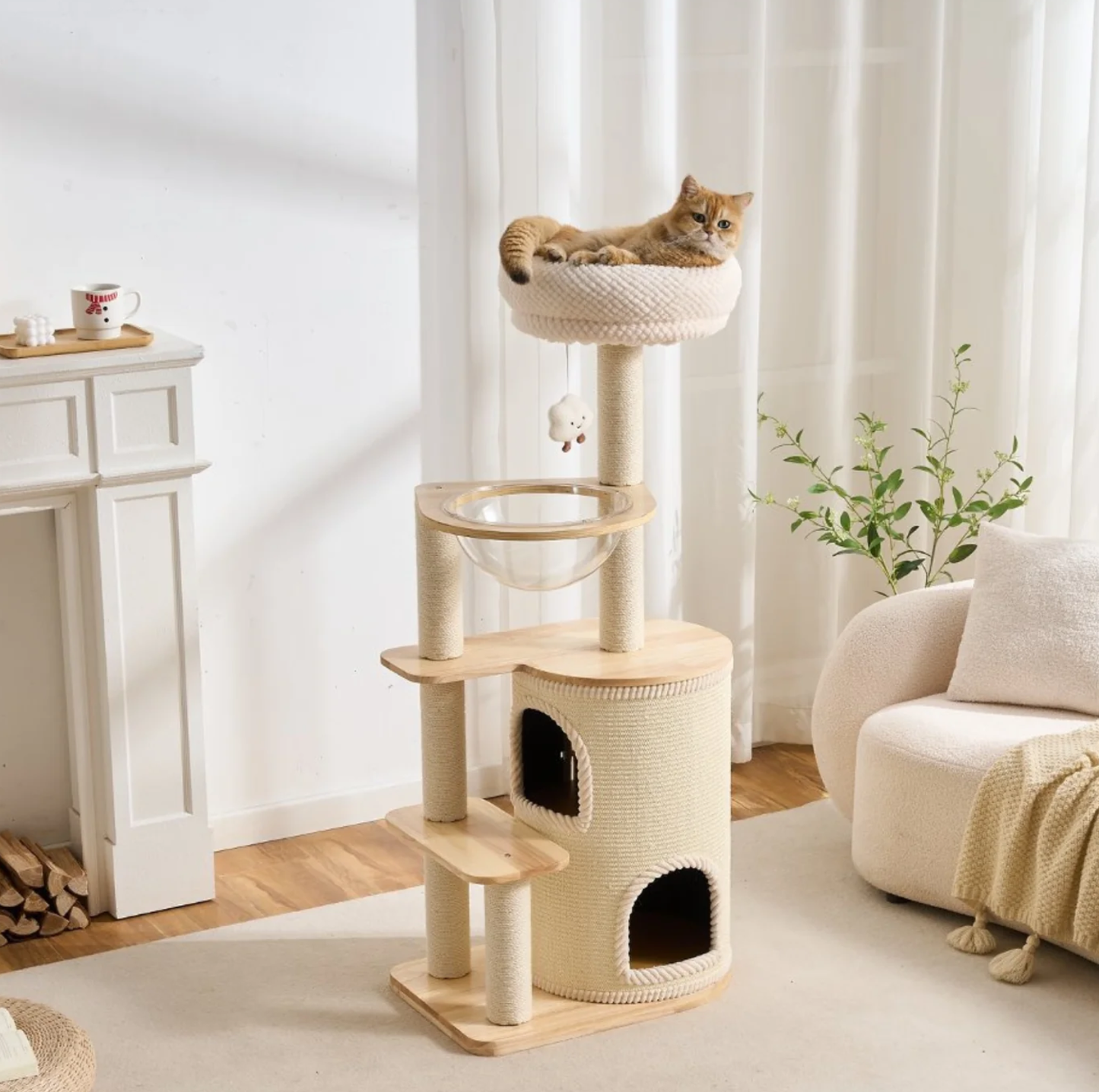 Natural wood Cat Tree with Acrylic Bowl and Double Condo – 134 cm