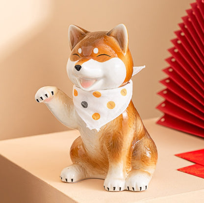 Shiba Dog-Inspired Ceramic Home Decor Ornament- With Randomly Selected Bib Accessory
