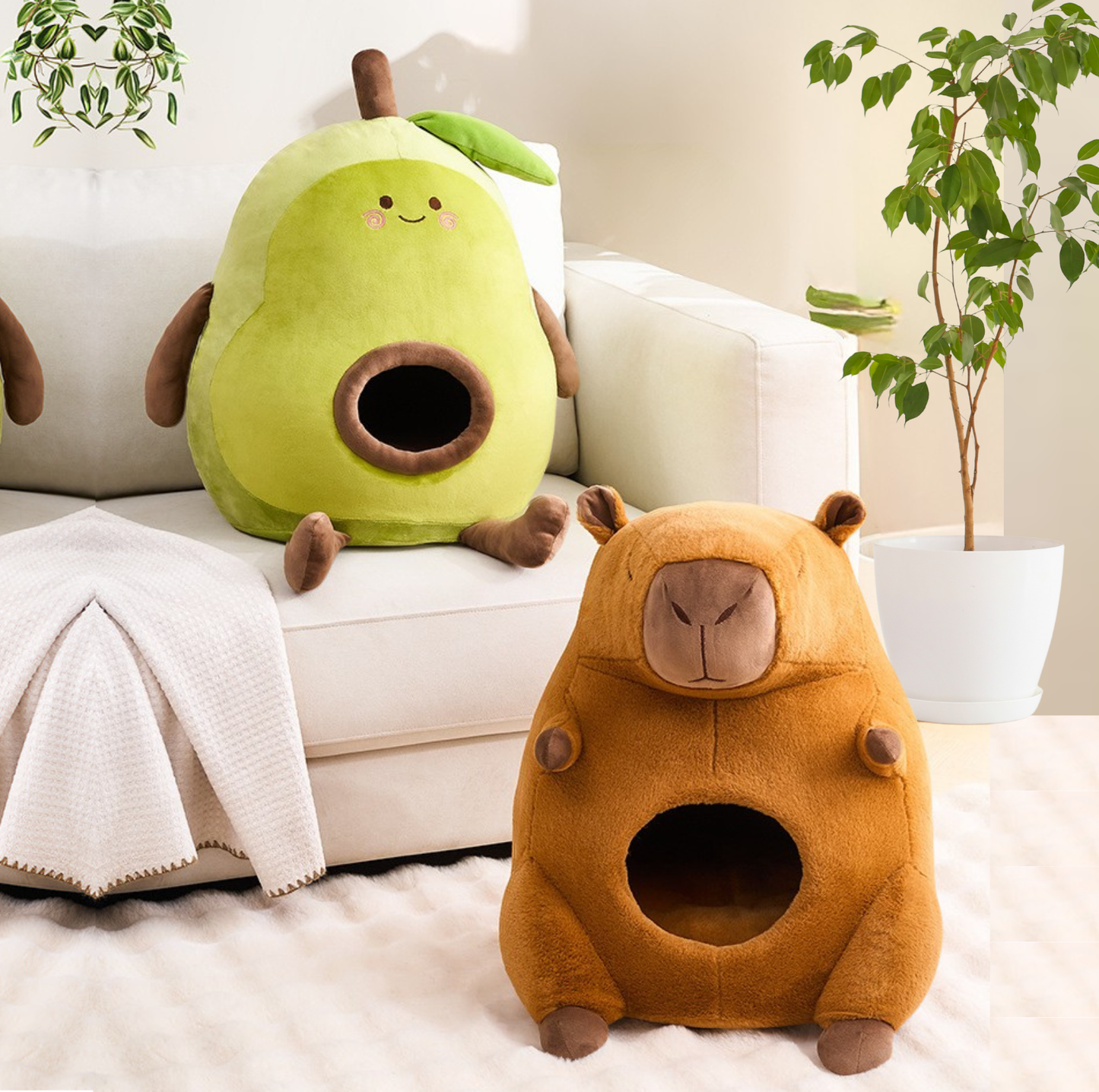 Cartoon Plush Cat Cave – Capybara & Avocado-Inspired Soft Pet Bed Hideaway