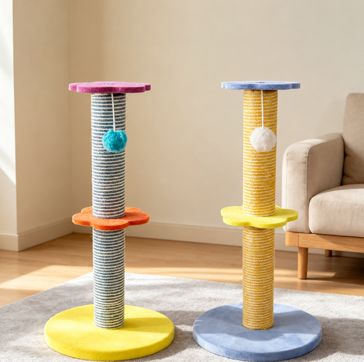 Colourful Sisal Cat Scratching Post with Hanging Pom-Pom