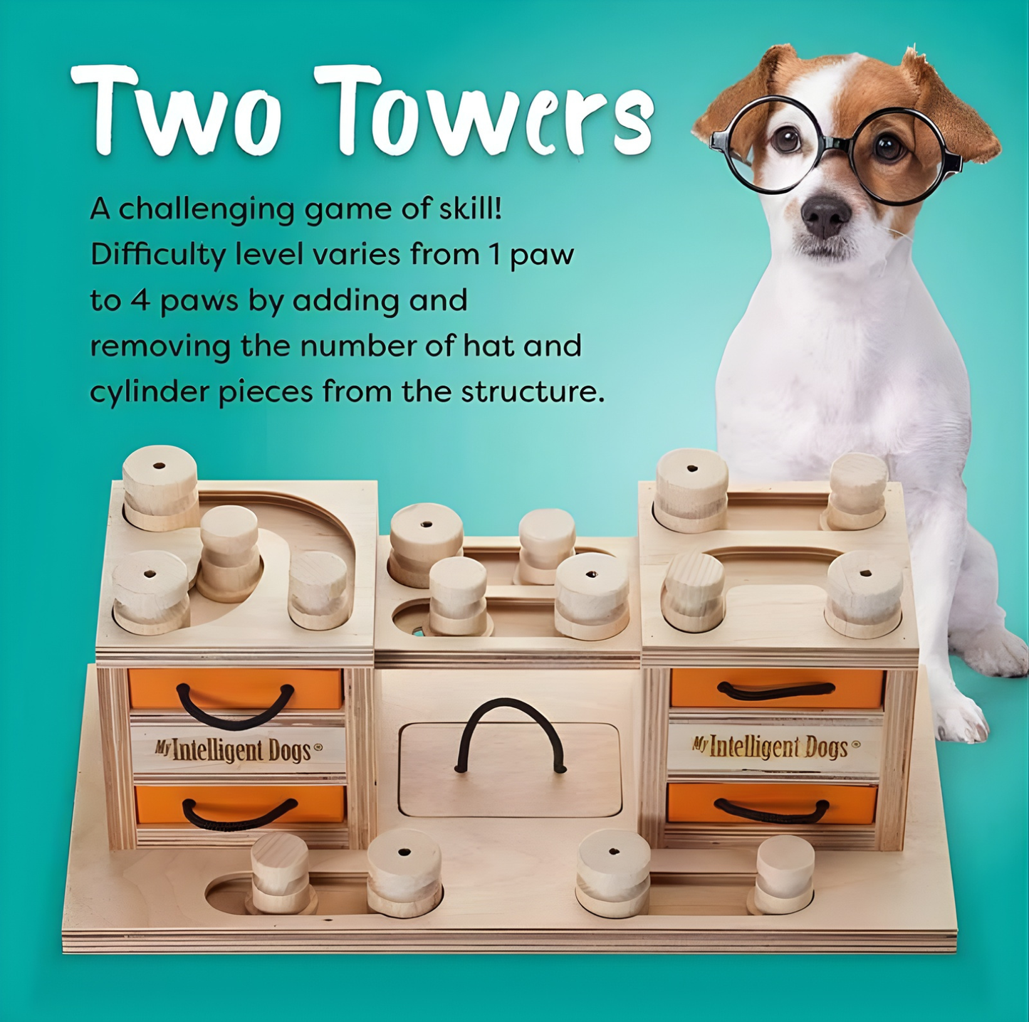 Interactive Wooden Dog Puzzle Toy – Two Towers Multi-Level Treat Game (Advanced Enrichment)