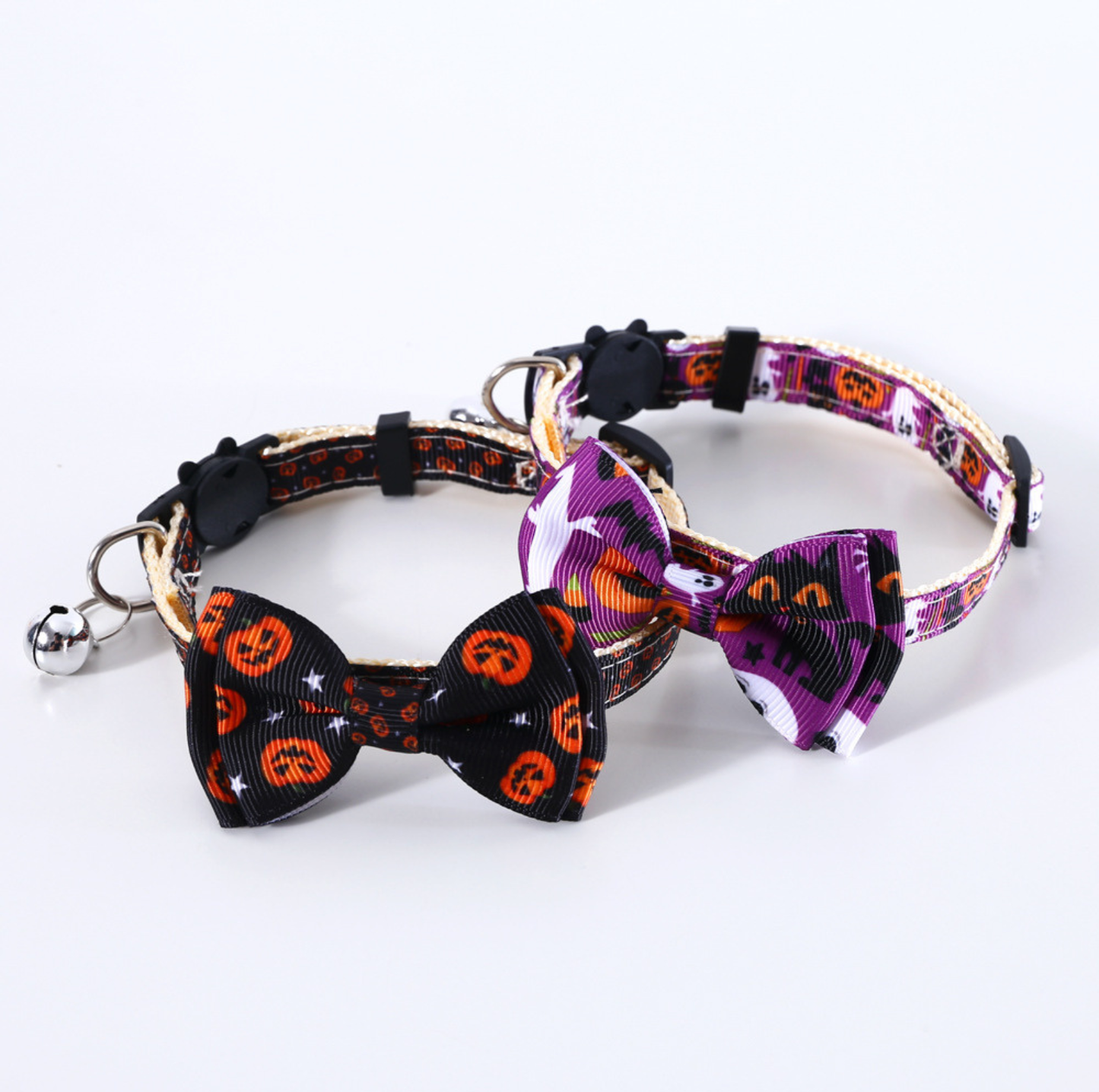Halloween Bow Tie Cat & Dog Collar – Pumpkin Print with Bell (Adjustable Breakaway Design)