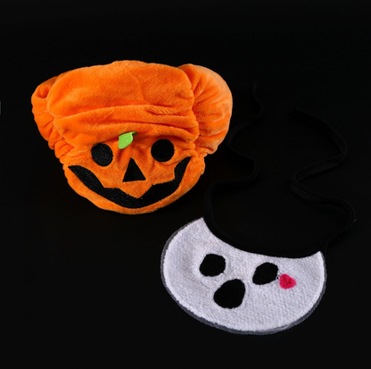 Halloween Pumpkin Hat & Ghost Bib Set for Cats and Dogs
