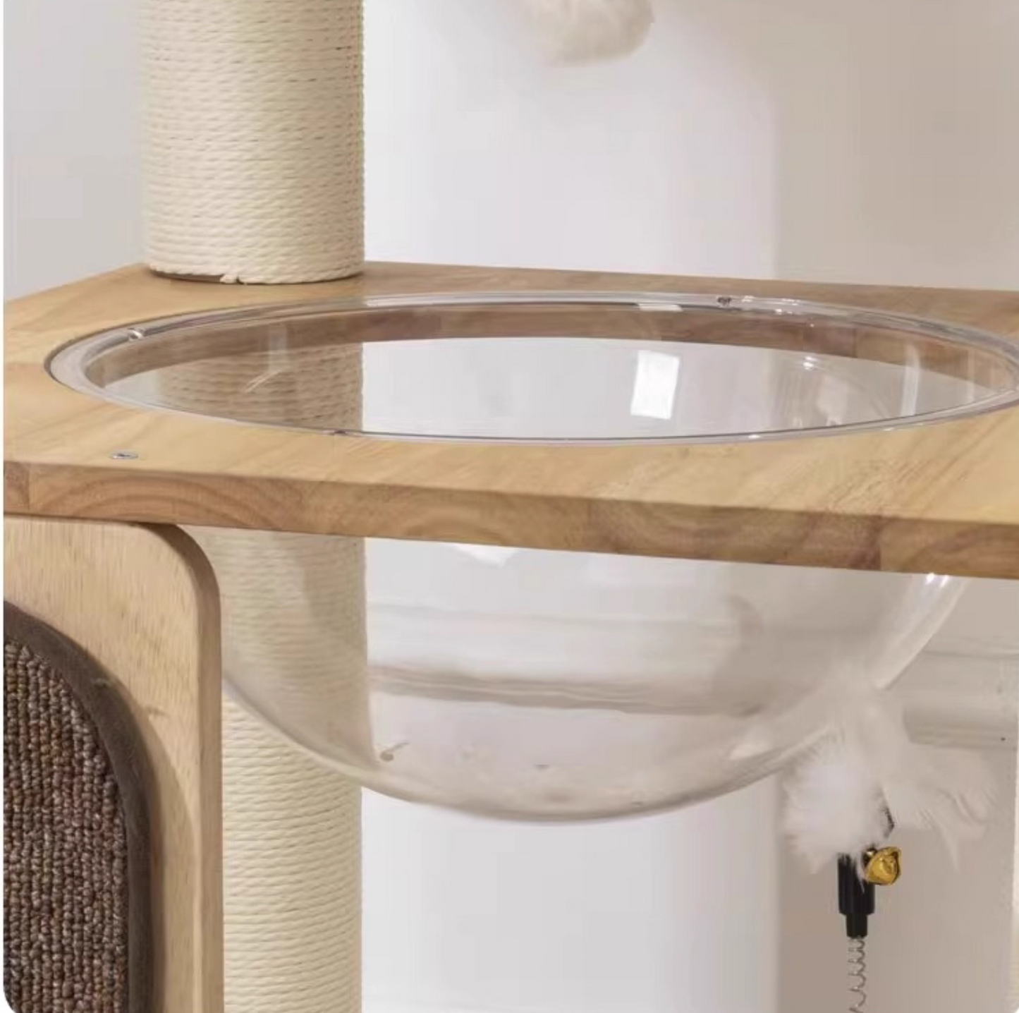 130cm Solid Oak Wood Cat Tree with Handwoven Rattan Canopy - WHH003