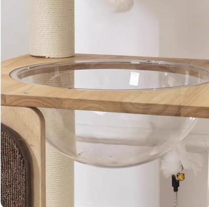 130cm Solid Oak Wood Cat Tree with Handwoven Rattan Canopy - WHH003