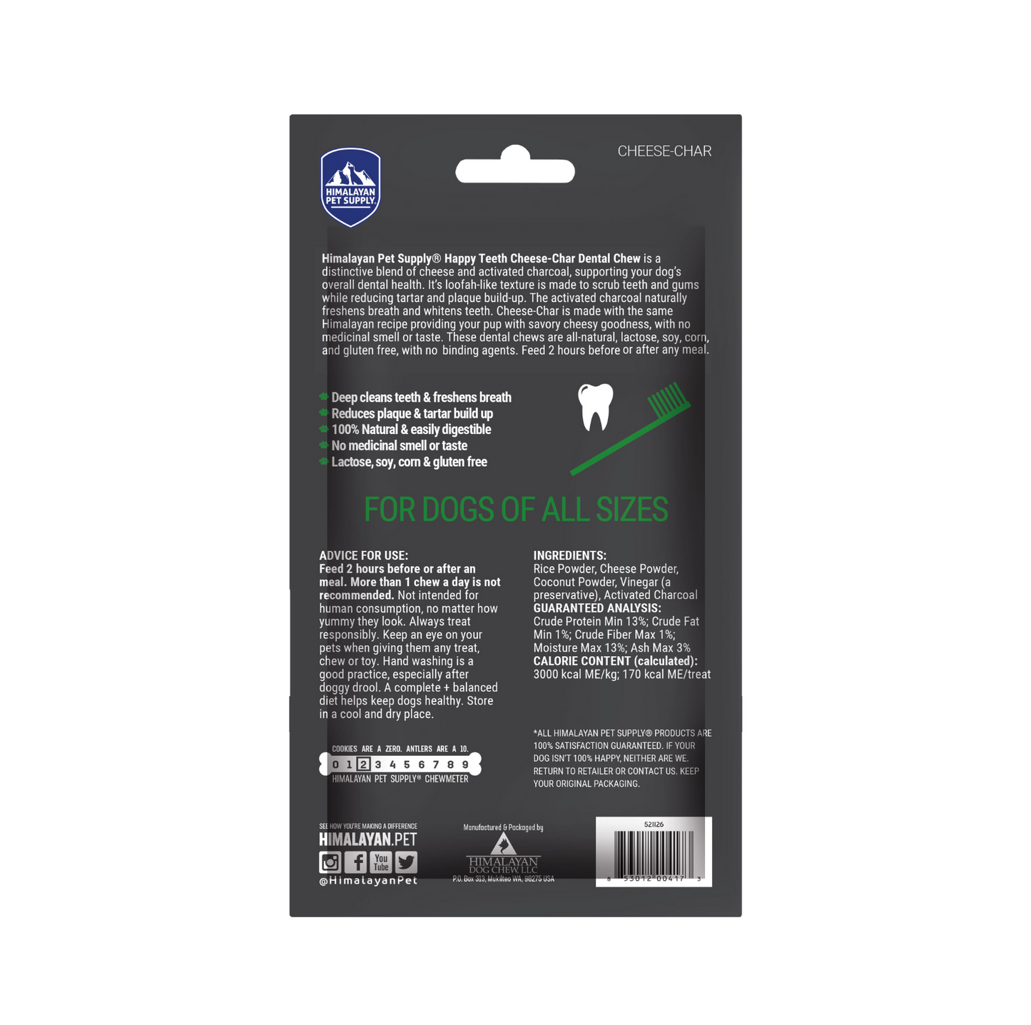 Himalayan Dog Chew Happy Teeth Cheese-Char with Activated Charcoal Large 2pk