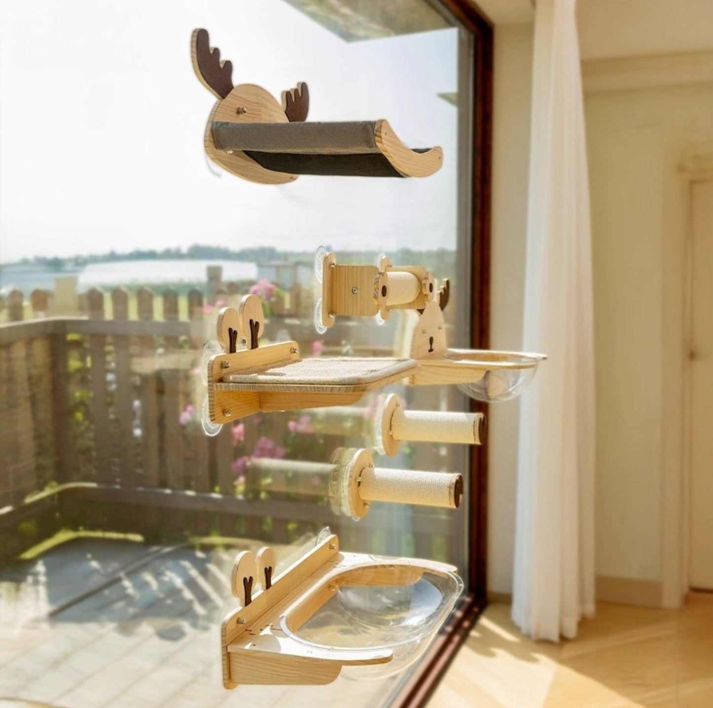 Elk-Themed Wall & Window Cat Playground Set (Screws & Suction Cups Included)