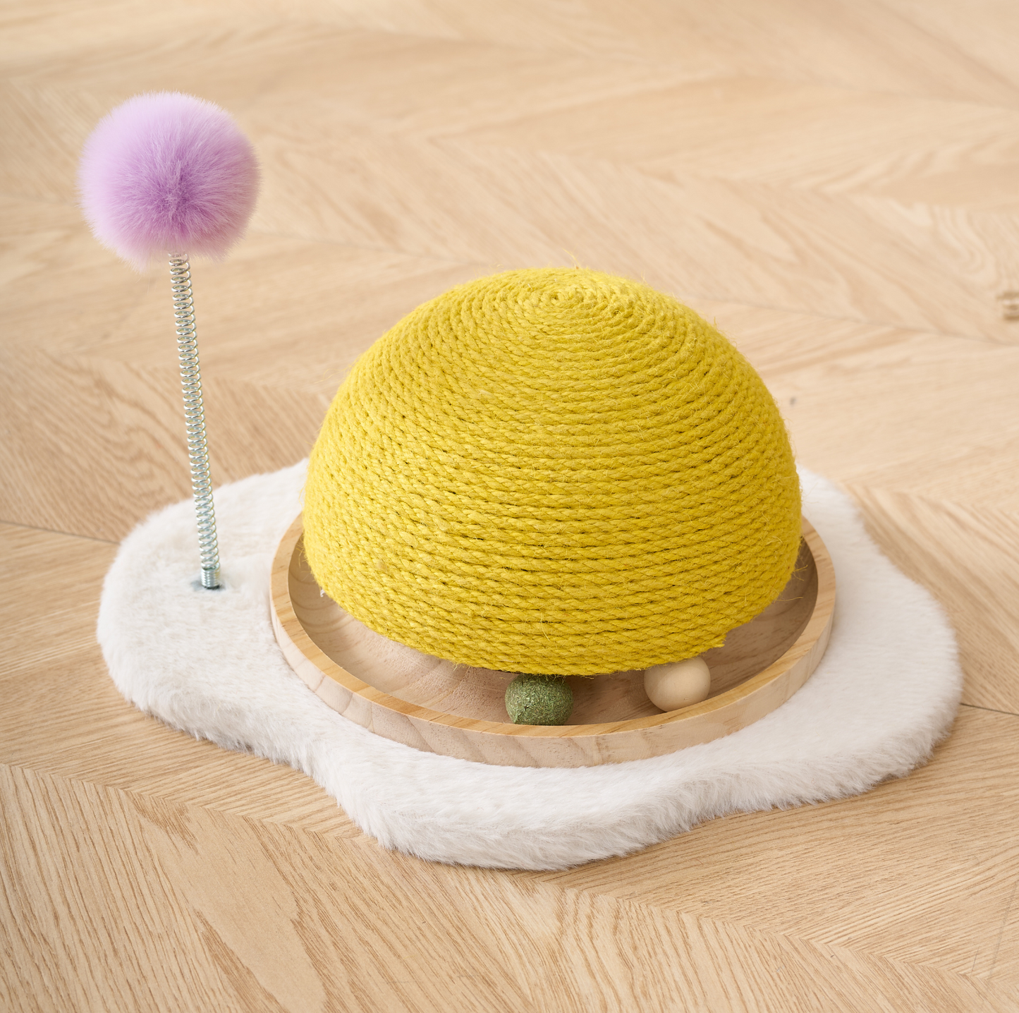 Egg Yolk Sisal Cat Scratcher with Track & Pom-Pom Toy