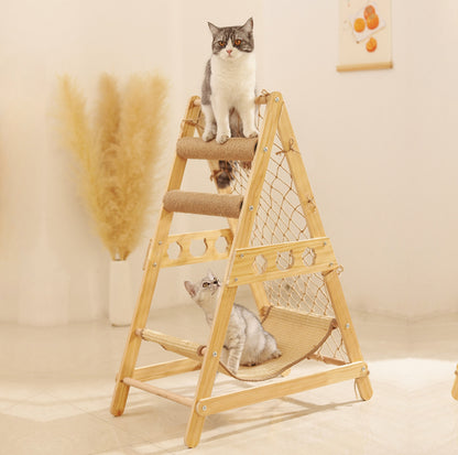 Multi-Functional Cat Playground with Wooden Ladder and Climbing Net