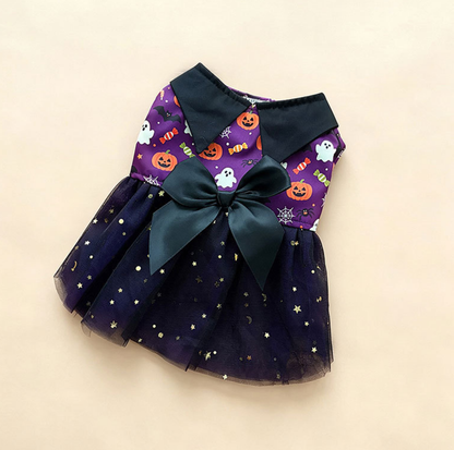 Halloween Pumpkin Print Tulle Pet Dress with Bow