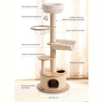 Solid Wood Capsule Multi-Level Cat Tree – 163cm