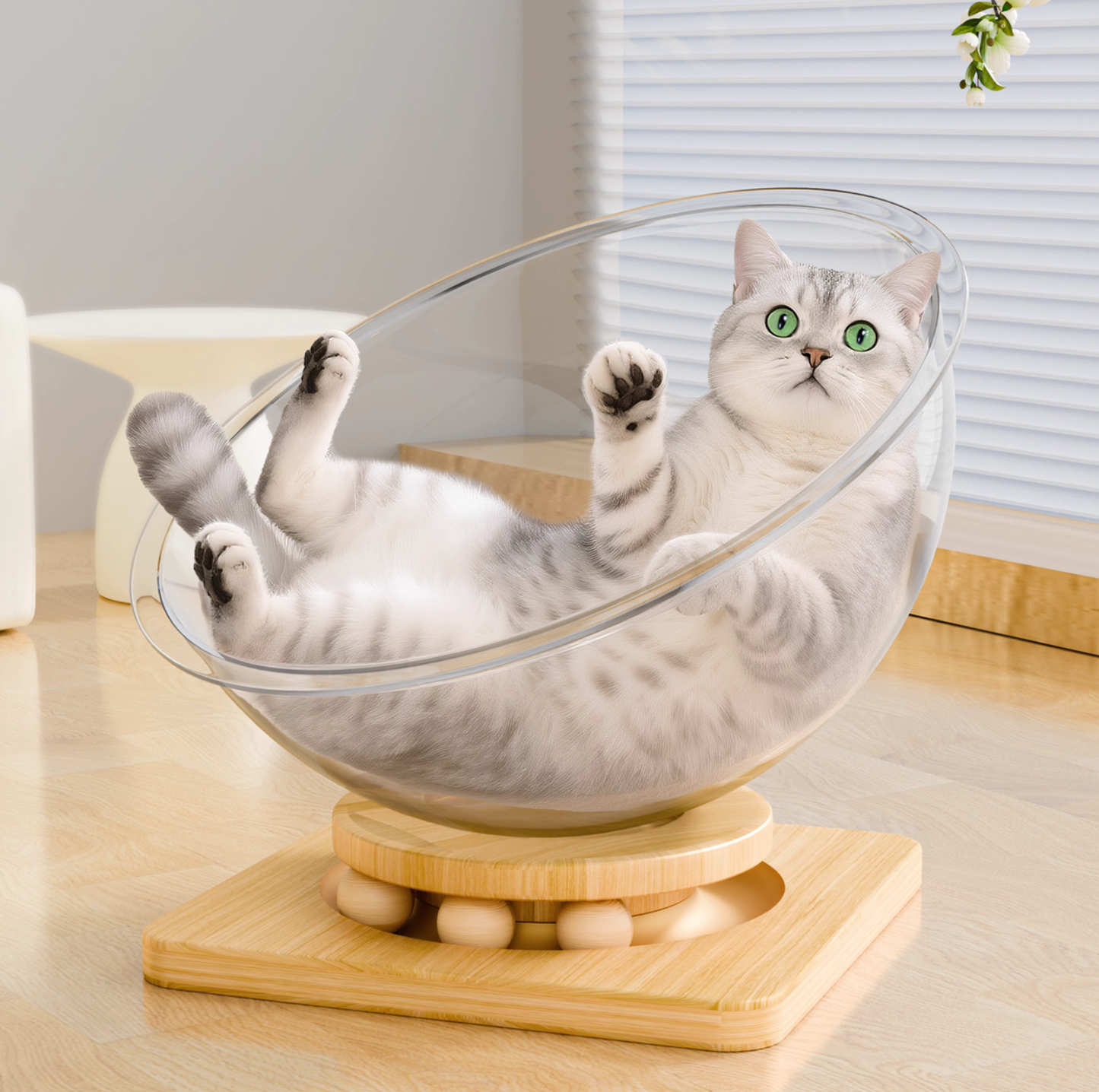 Clear Acrylic All-Season Cat Nest – Modern Floating Pod Bed with Wooden Base