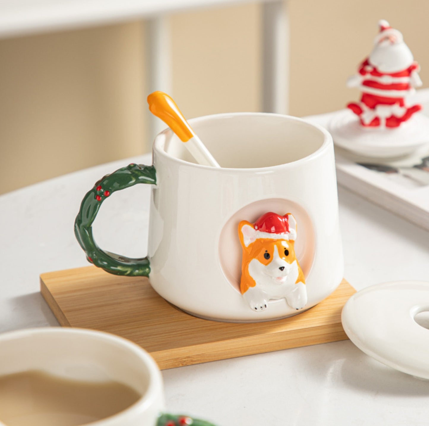 Christmas Corgi Styled Ceramic Mug with Lid and Spoon