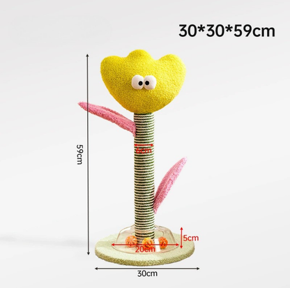 Cartoon Flower & Cactus Cat Scratch Pole – with Ball Track Base