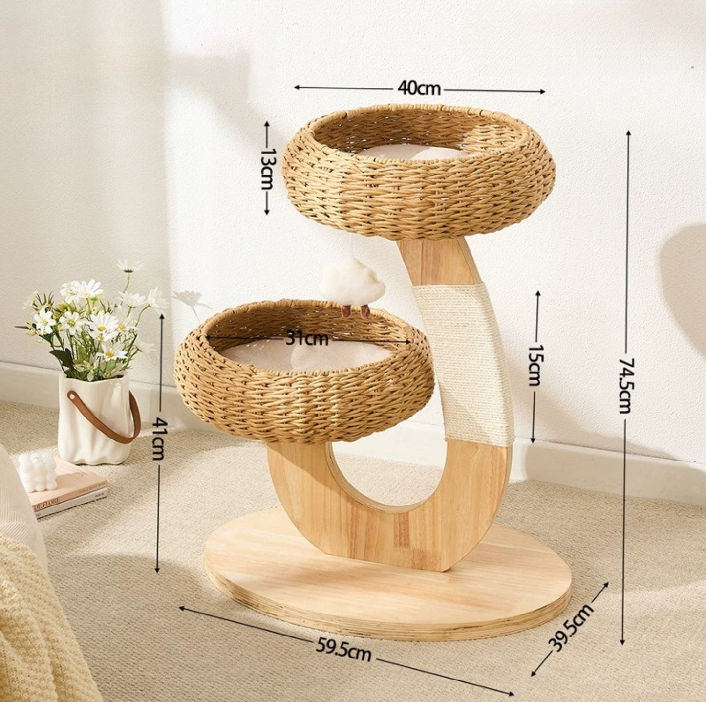 Rattan Nest Solid Wood Double-Level Cat Tree